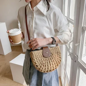 Bohemian Half Moon Shape Hollow Out Straw Rattan Handmade Messenger Travel Beach Crossbody Bags
