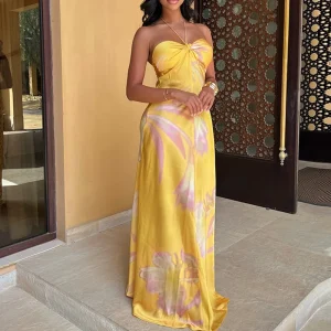 Bohemian Printed Halter Satin Hollow Off Shoulder Sleeveless Slim Party Long Dresses