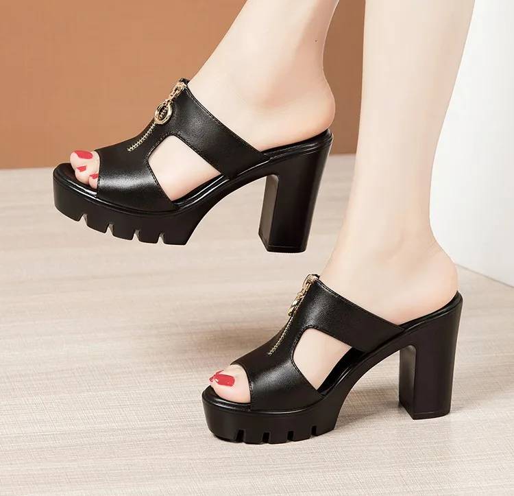Bohemian Shallow Wedding Soft Leather Block Slides High Heels - Image 7
