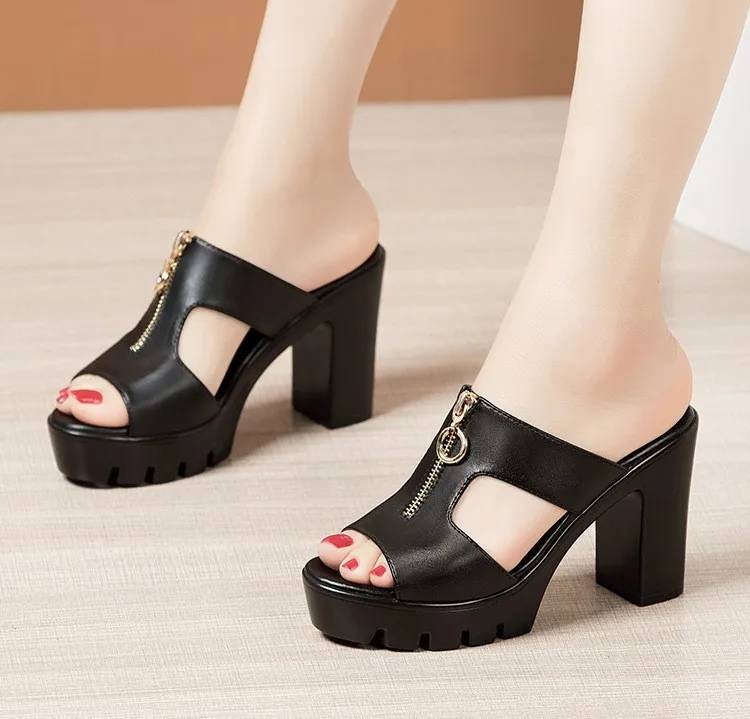 Bohemian Shallow Wedding Soft Leather Block Slides High Heels - Image 6