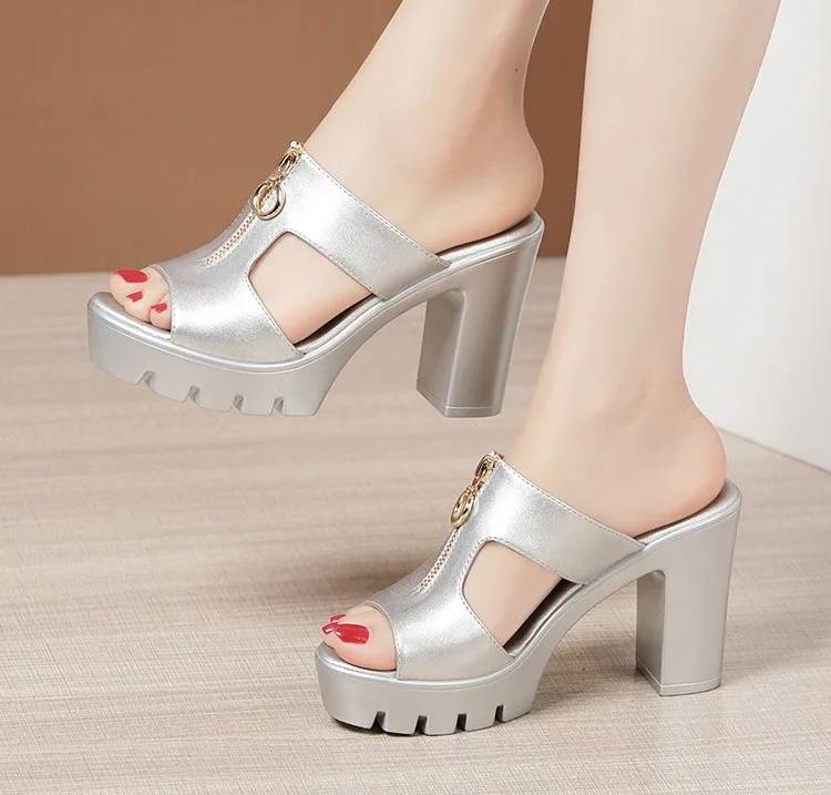 Bohemian Shallow Wedding Soft Leather Block Slides High Heels - Image 2