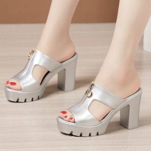 Bohemian Shallow Wedding Soft Leather Block Slides High Heels