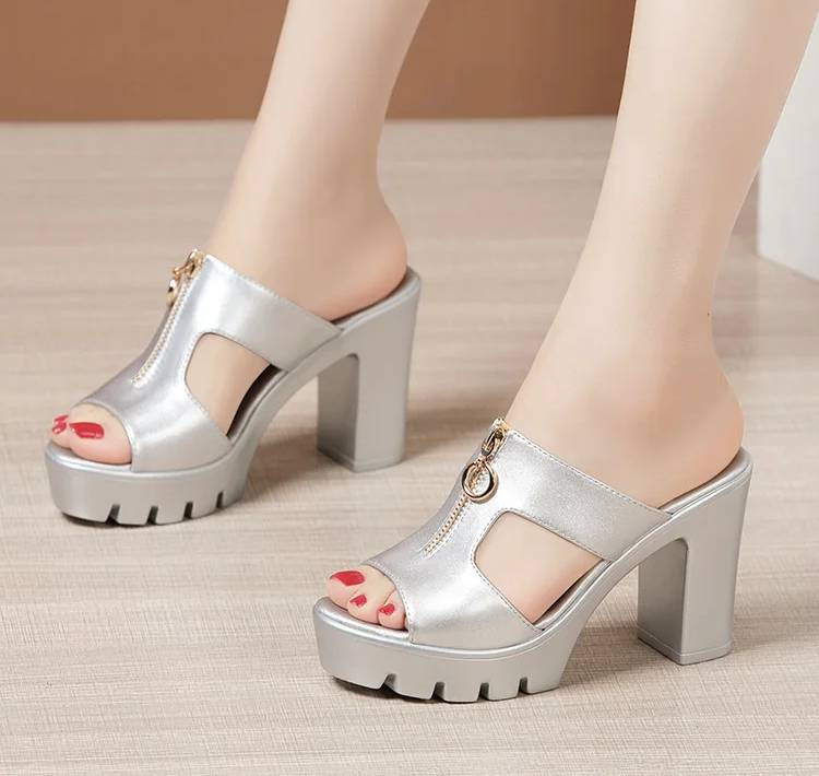 Bohemian Shallow Wedding Soft Leather Block Slides High Heels