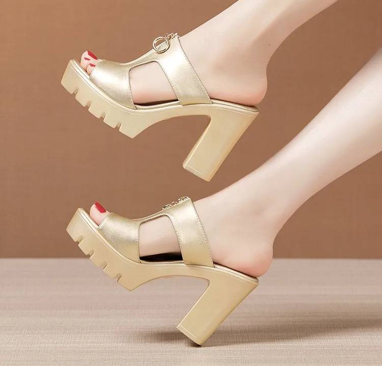 Bohemian Shallow Wedding Soft Leather Block Slides High Heels - Image 4
