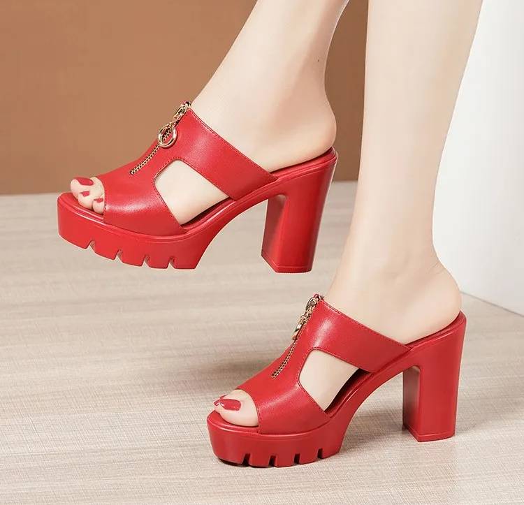 Bohemian Shallow Wedding Soft Leather Block Slides High Heels - Image 5