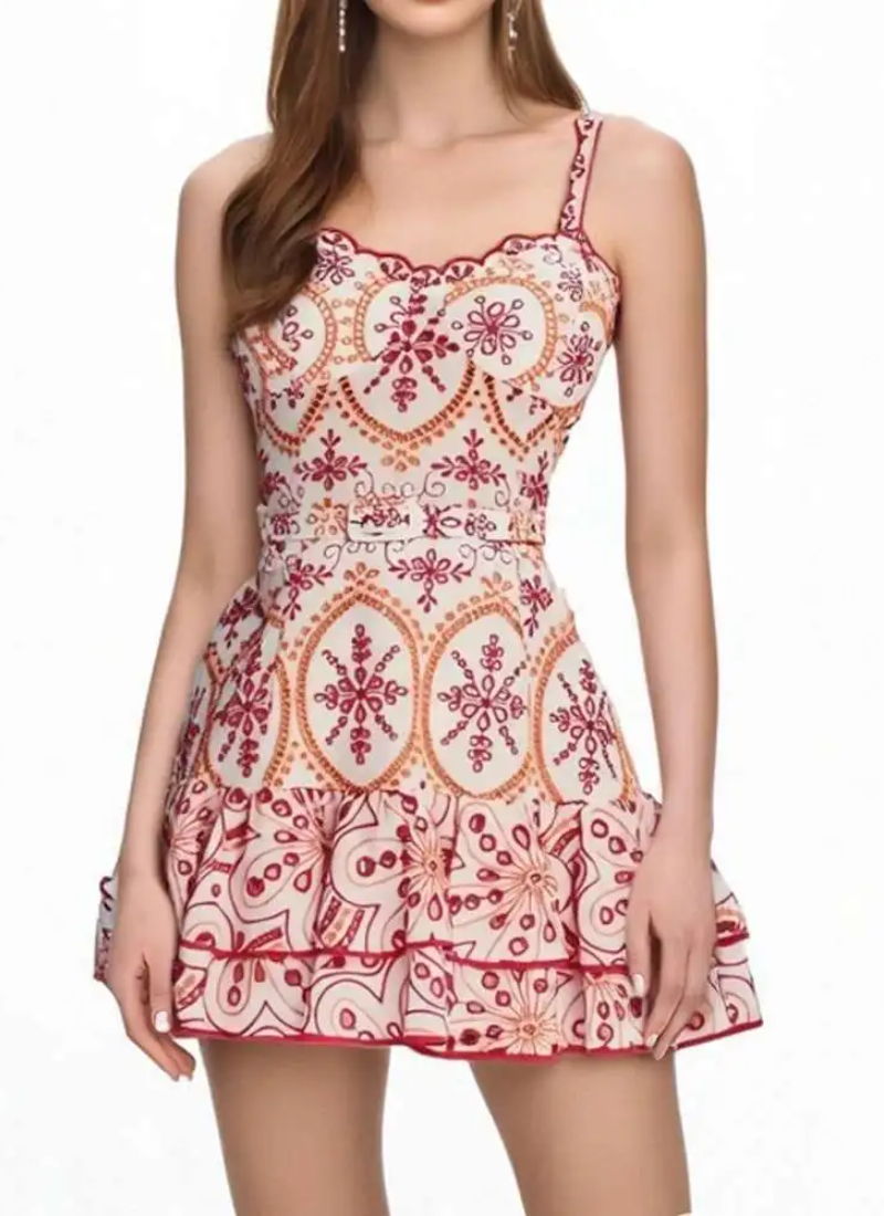 Bohemian Style Spaghetti Strap Floral Print Waist Belt Ruffled Short Dresses