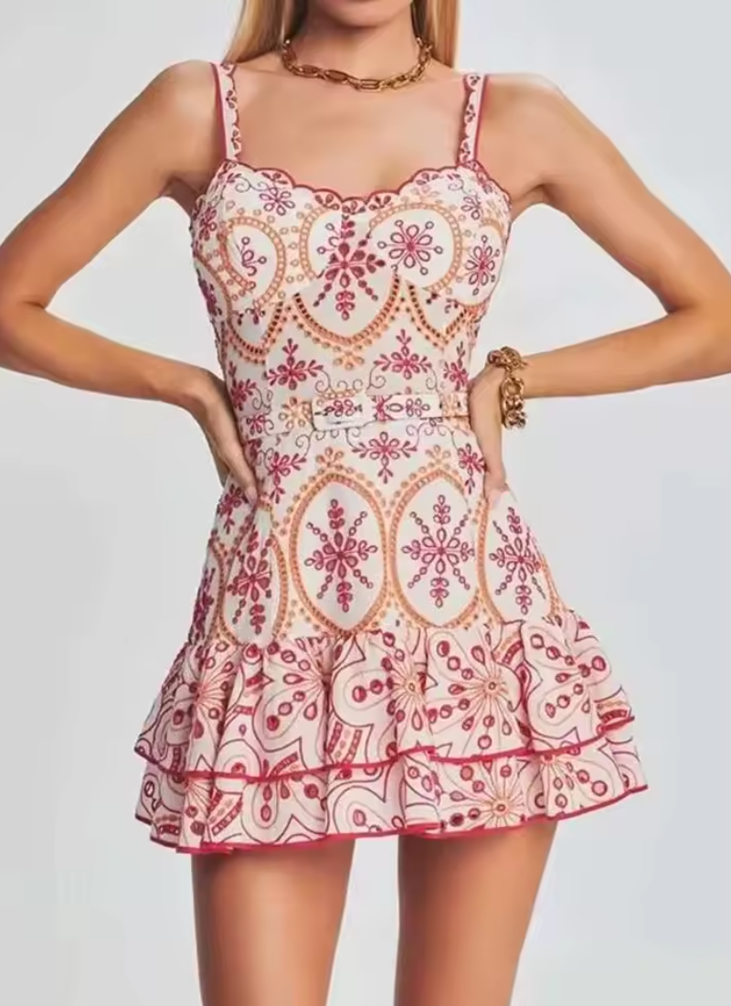Bohemian Style Spaghetti Strap Floral Print Waist Belt Ruffled Short Dresses - Image 3