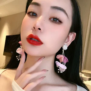 Bohemian Zinc Alloy Handmade Pearl Crystal Multi Layers Big Chiffon Flower Earrings