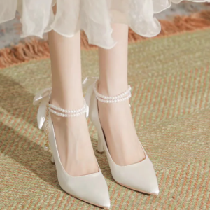 Bow Satin Stiletto Heel Point Toe Pearls Fabric Wedding High Heel Sandals