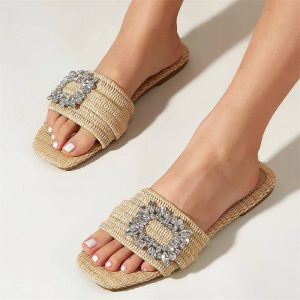 Bright Diamond Flat Bottom Cane Crystal Glitter Rhinestone Slides Slippers Sandals