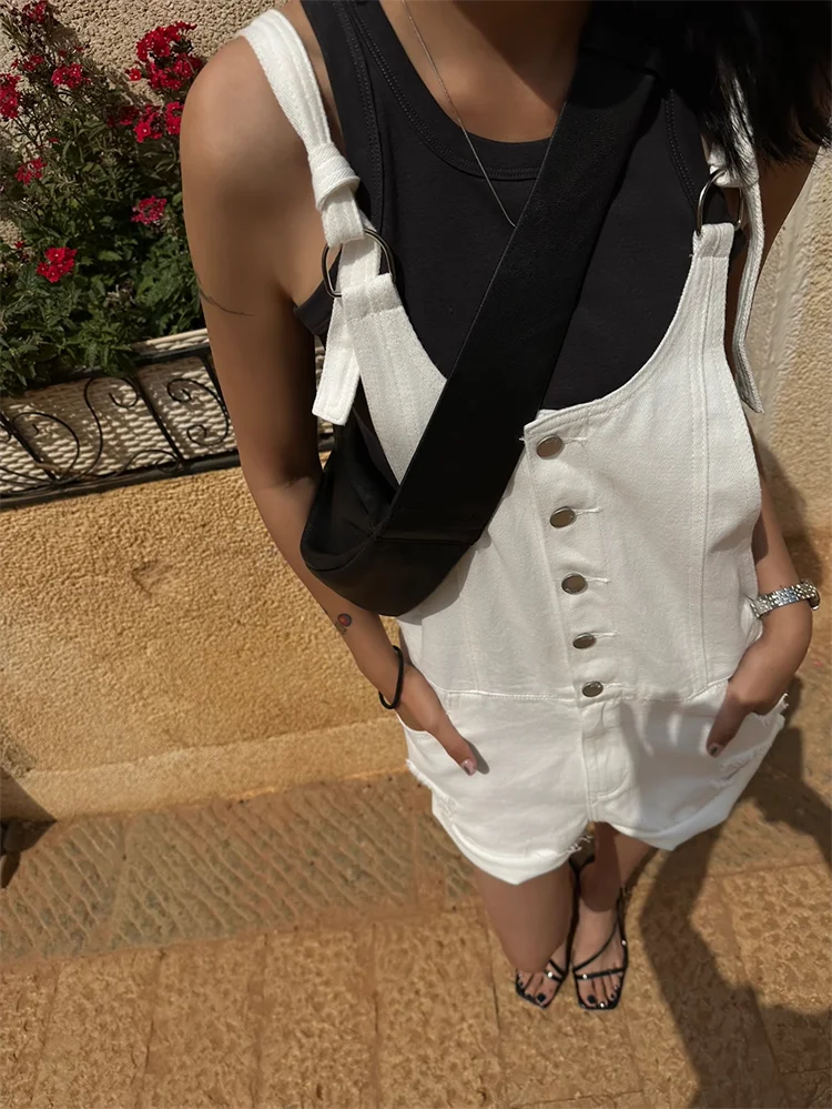 Broken Hole Denim Suspender Retro Washed Loose Suspender One-Piece Wide Leg Shorts - Image 13