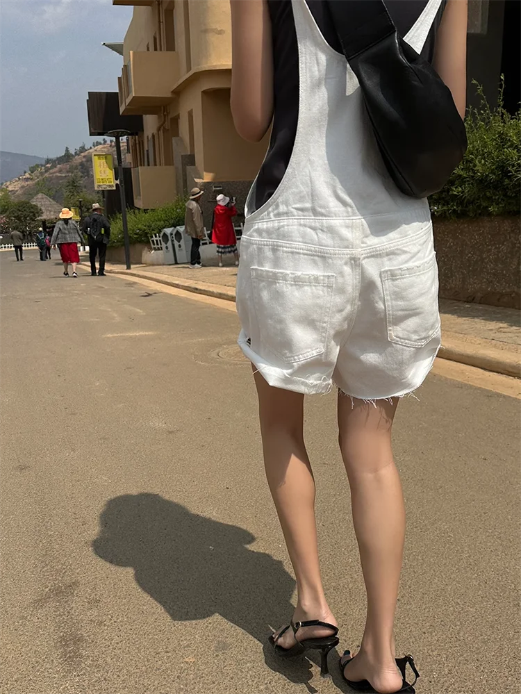 Broken Hole Denim Suspender Retro Washed Loose Suspender One-Piece Wide Leg Shorts - Image 15