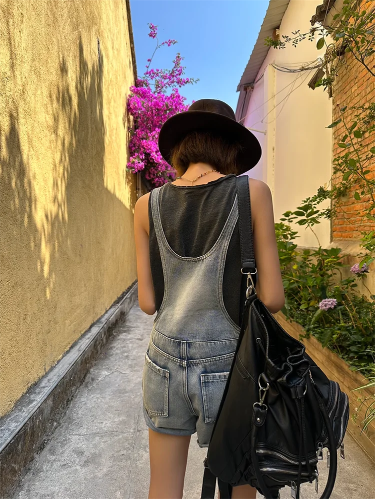 Broken Hole Denim Suspender Retro Washed Loose Suspender One-Piece Wide Leg Shorts - Image 10