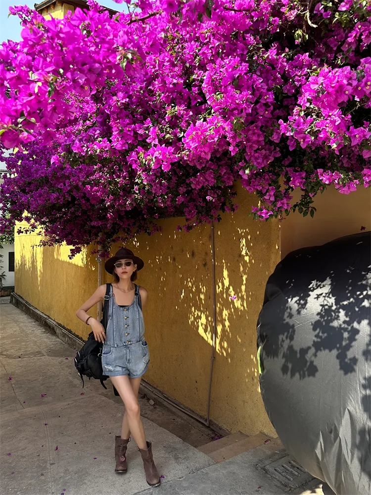 Broken Hole Denim Suspender Retro Washed Loose Suspender One-Piece Wide Leg Shorts - Image 2