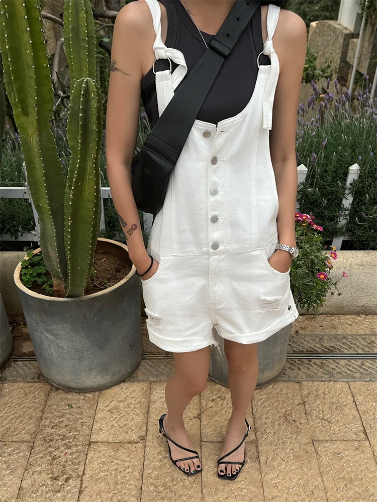 Broken Hole Denim Suspender Retro Washed Loose Suspender One-Piece Wide Leg Shorts - Image 14