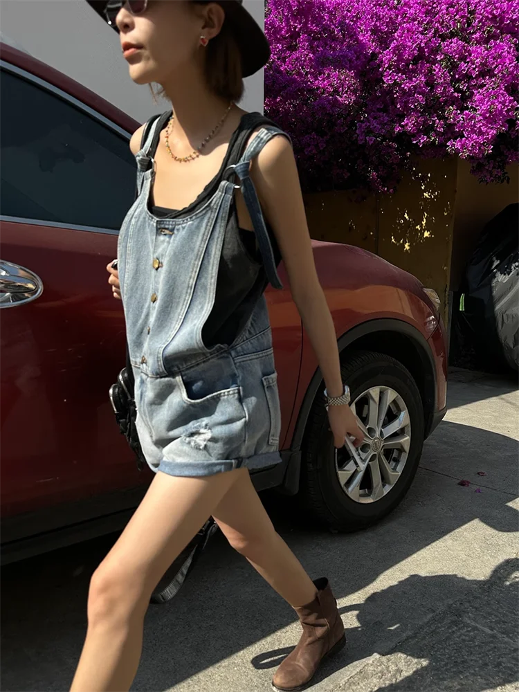 Broken Hole Denim Suspender Retro Washed Loose Suspender One-Piece Wide Leg Shorts - Image 5