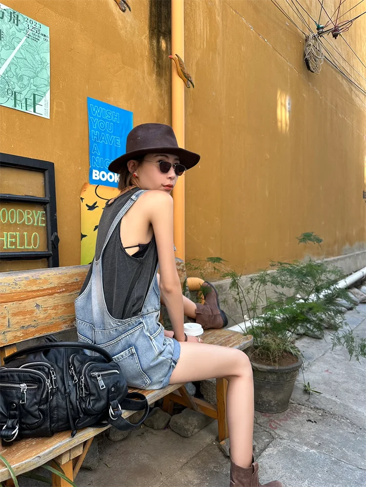 Broken Hole Denim Suspender Retro Washed Loose Suspender One-Piece Wide Leg Shorts - Image 6