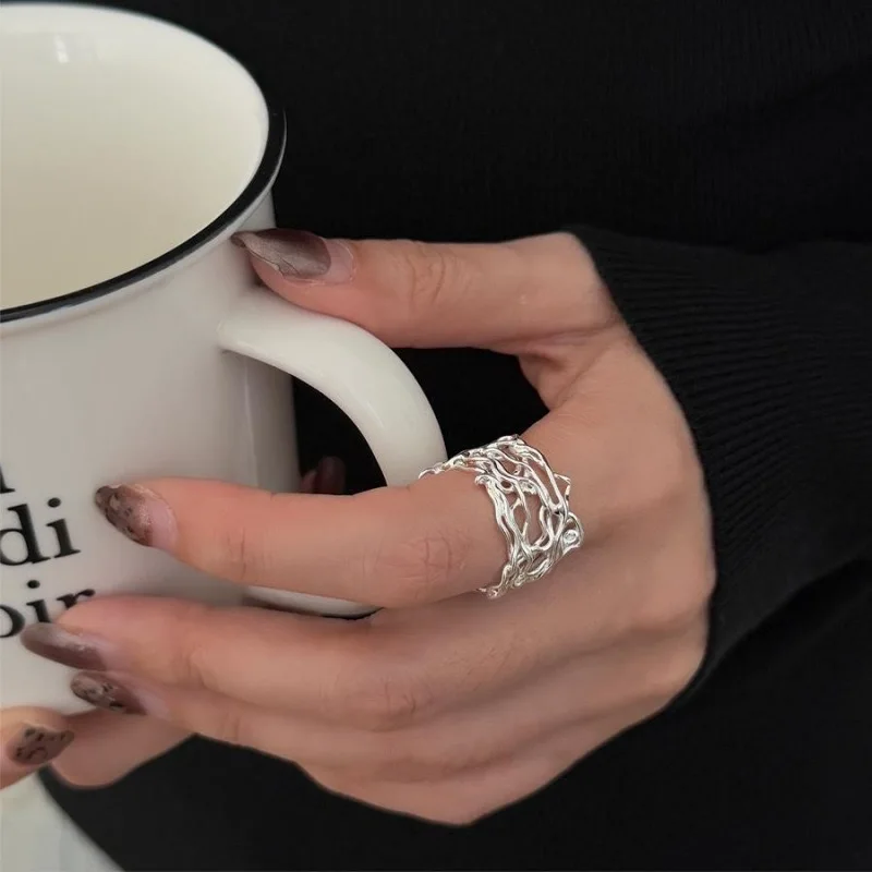 Casual 925 Sterling Silver Couple Minimalist Handmade Simple Interline Web Shape Rings - Image 4