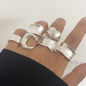 Casual 925 Sterling Silver Couple Minimalist Handmade Simple Wide Moon Party Jewelry Ring 6 Set