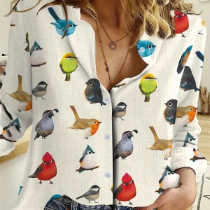 Casual Bird Print Lapel Neck Long Sleeve Blouse Shirts