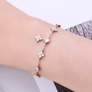 Casual Certificate 925 Sterling Silver Four-leaf Flower Adjustable Chain Bracelet