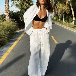 Casual Cotton Solid Color Cozy Lapel Long Sleeve Shirt Elastic Waist Pants Suits