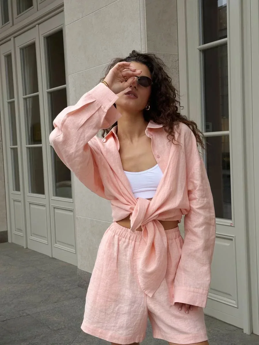 Casual Cotton Solid Color Long Sleeve Shirt Wide leg Jeans Suits - Image 7