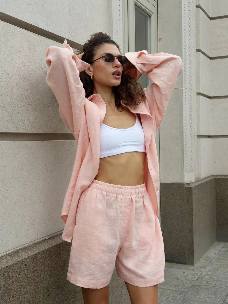 Casual Cotton Solid Color Long Sleeve Shirt Wide leg Jeans Suits - Image 8