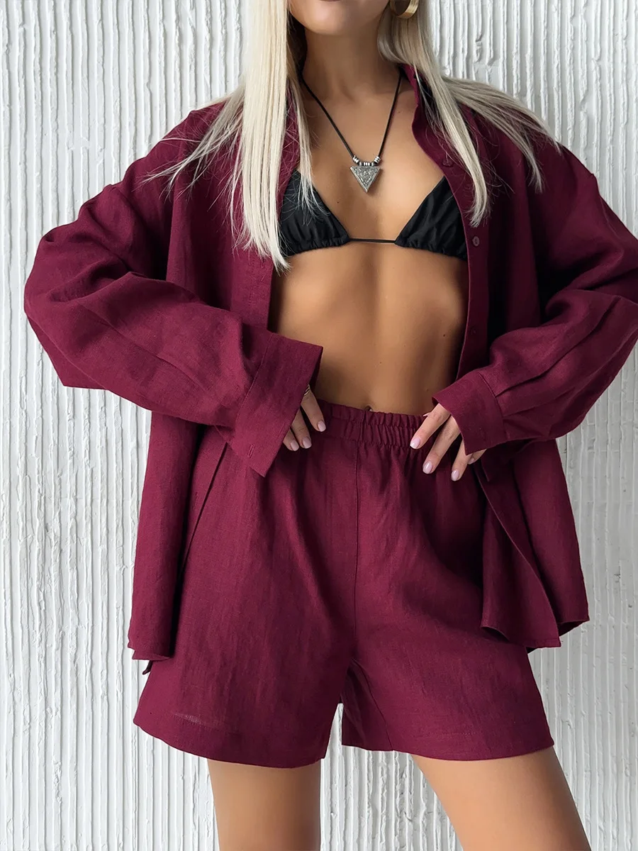 Casual Cotton Solid Color Long Sleeve Shirt Wide leg Jeans Suits - Image 9