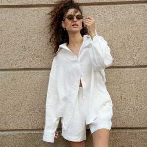 Casual Cotton Solid Color Long Sleeve Shirt Wide leg Jeans Suits