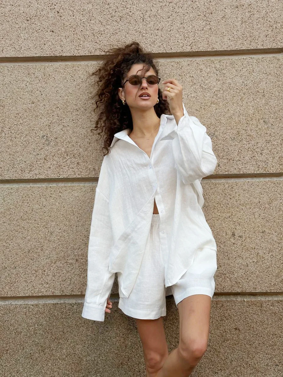 Casual Cotton Solid Color Long Sleeve Shirt Wide leg Jeans Suits