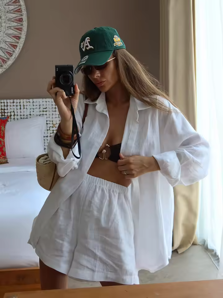 Casual Cotton Solid Color Long Sleeve Shirt Wide leg Jeans Suits - Image 3