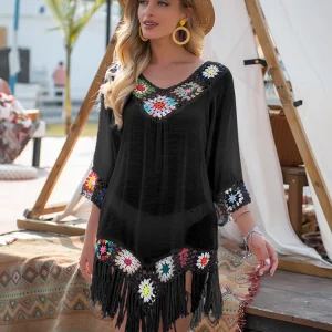 Casual Crochet Cover-Up Bikini Cover Up Hollow Tunic Mini Dress