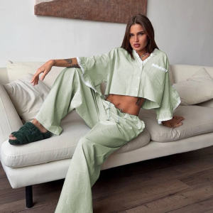 Casual Crop Top Nightie Half Sleeve Pajamas V-Neck Nightwear Pants 2 Piece Suit