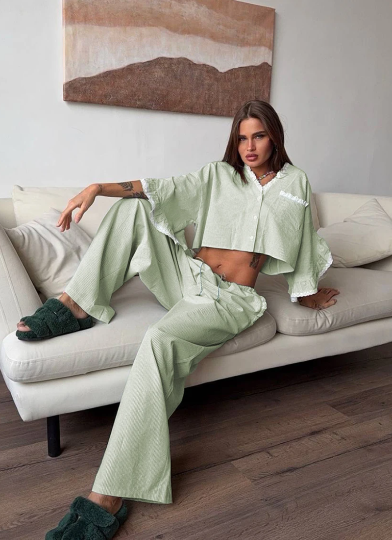 Casual Crop Top Nightie Half Sleeve Pajamas V-Neck Nightwear Pants 2 Piece Suit