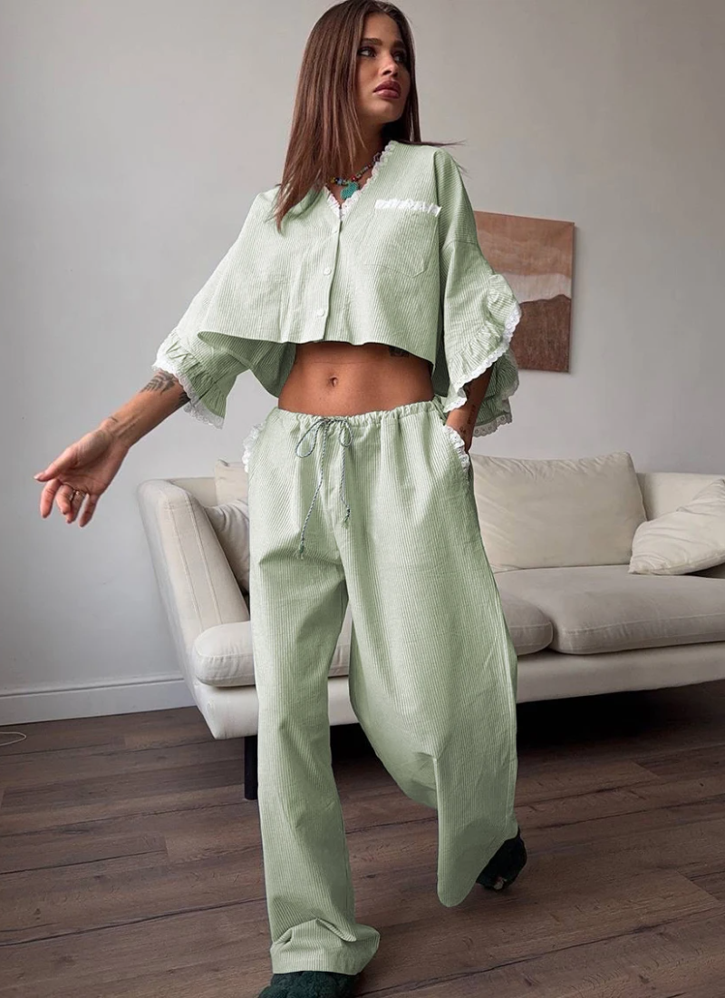 Casual Crop Top Nightie Half Sleeve Pajamas V-Neck Nightwear Pants 2 Piece Suit - Image 4