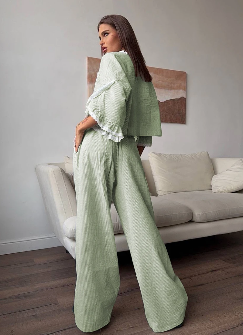 Casual Crop Top Nightie Half Sleeve Pajamas V-Neck Nightwear Pants 2 Piece Suit - Image 2