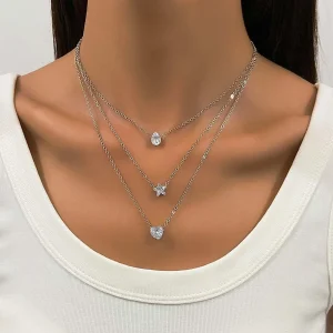 Casual Crystal Heart Star Teardrop Pendant Chain Heart Star Teardrop Layered Necklace