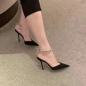 Casual Design Satin Rhinestone Pointed Toe High Heels