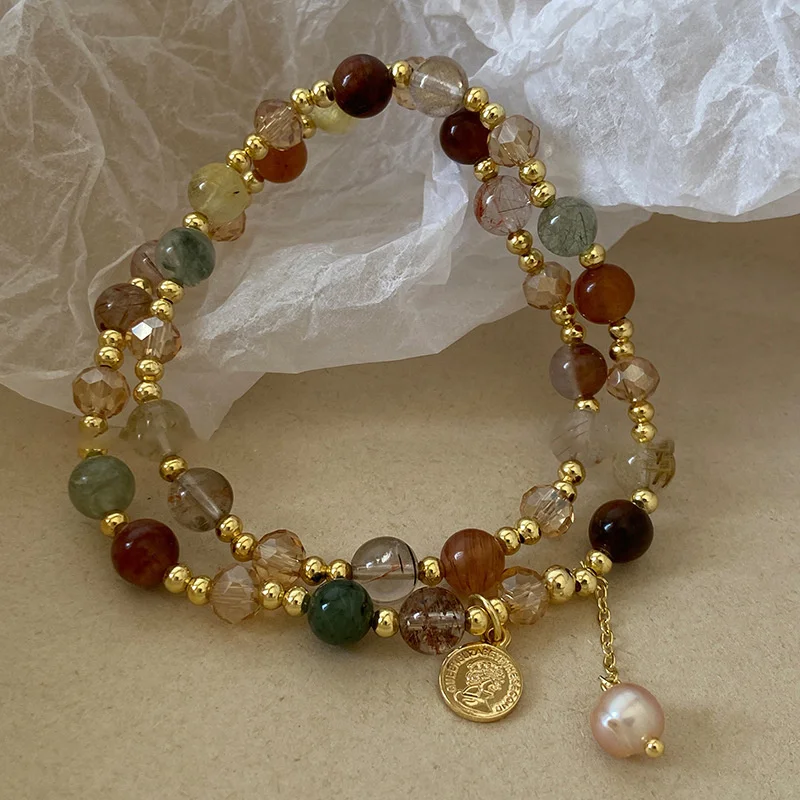 Casual Double Layered Crystal Pearl Ethnic Natural Stone Geometric Beaded Bracelet - Image 3