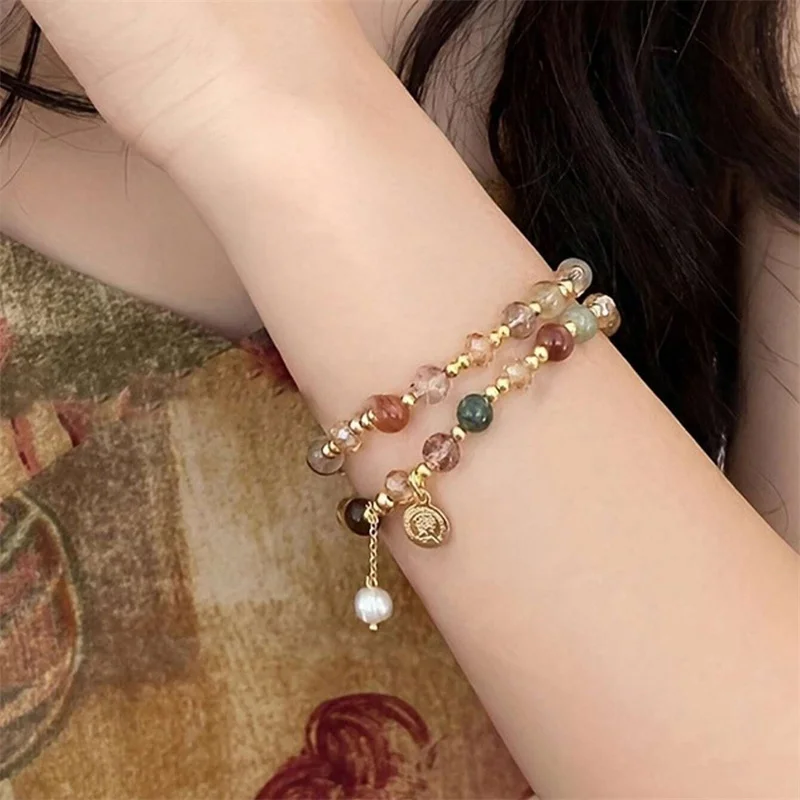 Casual Double Layered Crystal Pearl Ethnic Natural Stone Geometric Beaded Bracelet - Image 2