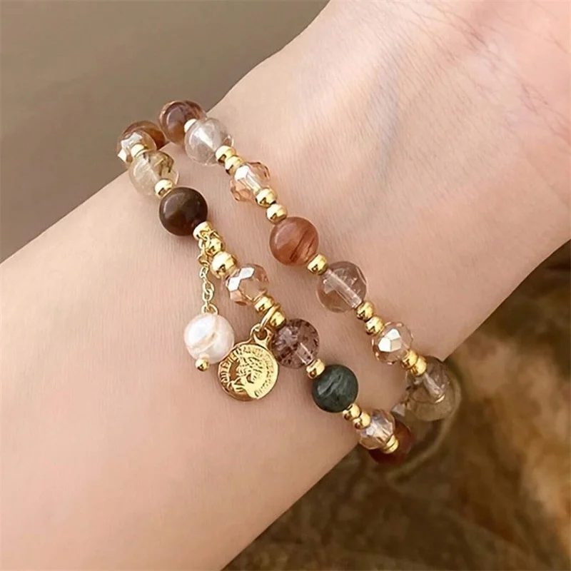 Casual Double Layered Crystal Pearl Ethnic Natural Stone Geometric Beaded Bracelet