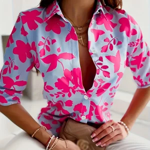 Casual Dragonfly Print Blouse Lapel Neck Long Sleeve Shirts