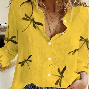 Casual Dragonfly Print Lapel Neck Long Sleeve Blouse Shirts