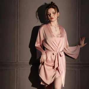 Casual Elastic Satin High Quality Classic Solid Nightgowns Ice Silk 2pcs