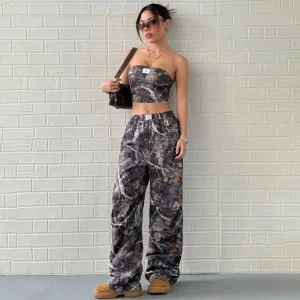 Casual Elastic Waist Printed Crop Top Slimming Workwear Pants Set