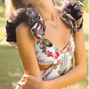 Casual Flowers Fruits Print V-neck Big Ruffle Backless Hollow One Piece