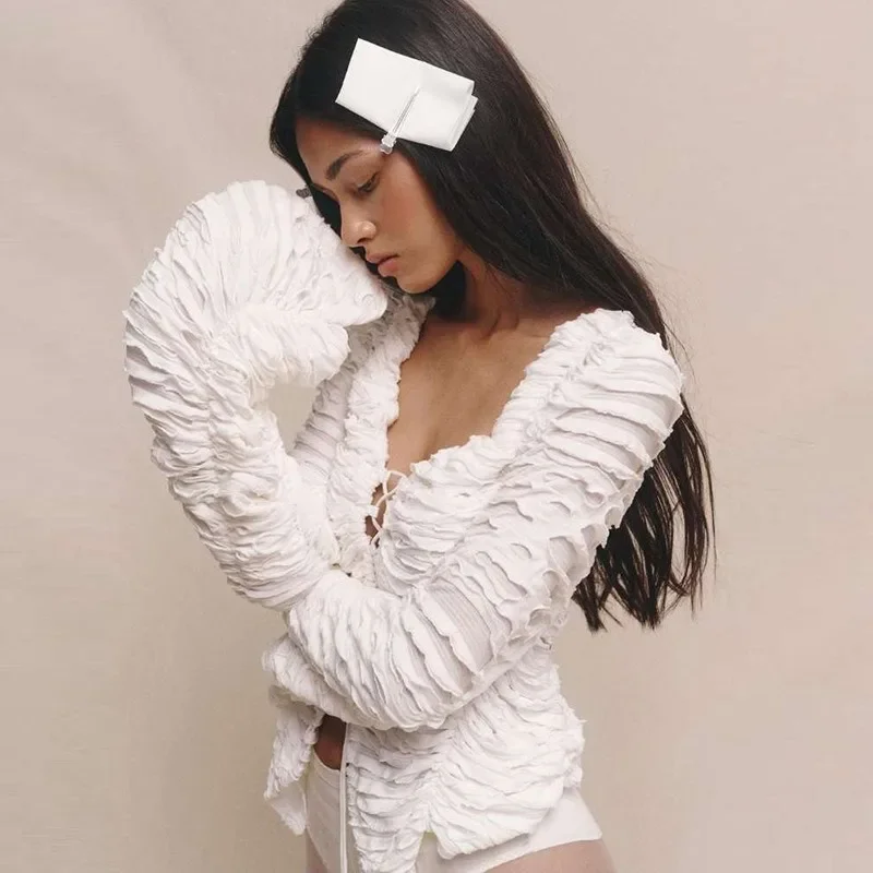 Casual Gathered Long Sleeve V-Neck Lace Up Hollow Solid Crop Top - Image 7