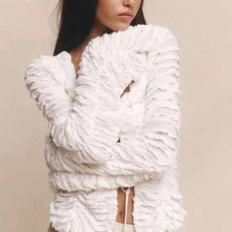 Casual Gathered Long Sleeve V-Neck Lace Up Hollow Solid Crop Top - Image 8