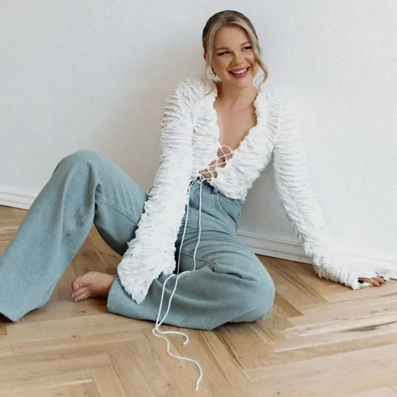 Casual Gathered Long Sleeve V-Neck Lace Up Hollow Solid Crop Top - Image 12